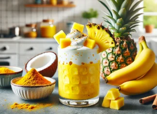 A vibrant yellow smoothie made with pineapple chunks, banana, Greek yogurt, and coconut water, placed on a wooden surface with fresh pineapple slices and a small dish of turmeric in a bright, modern kitchen.