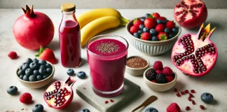 A vibrant pomegranate smoothie in a clear glass, surrounded by mixed berries, banana, flaxseeds, and a bottle of pomegranate juice—formulated to reduce plaque buildup and support clear arterial pathways.