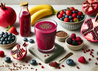 A vibrant pomegranate smoothie in a clear glass, surrounded by mixed berries, banana, flaxseeds, and a bottle of pomegranate juice—formulated to reduce plaque buildup and support clear arterial pathways.