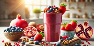A vibrant smoothie in a tall glass, featuring a rich red blend of pomegranate seeds, blueberries, strawberries, flaxseeds, and walnuts. Garnished with fresh pomegranate seeds and blueberries, set against a bright kitchen backdrop with natural light.