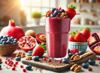 A vibrant smoothie in a tall glass, featuring a rich red blend of pomegranate seeds, blueberries, strawberries, flaxseeds, and walnuts. Garnished with fresh pomegranate seeds and blueberries, set against a bright kitchen backdrop with natural light.