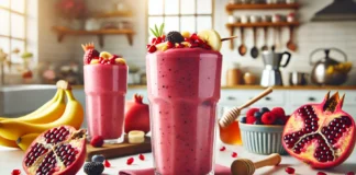 A vibrant pinkish-red smoothie in a tall glass, topped with fresh pomegranate seeds and berries, set in a bright kitchen with natural lighting, creating a fresh and revitalizing atmosphere.