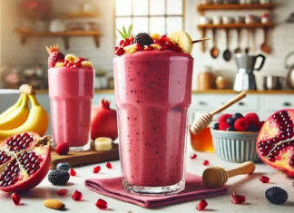 A vibrant pinkish-red smoothie in a tall glass, topped with fresh pomegranate seeds and berries, set in a bright kitchen with natural lighting, creating a fresh and revitalizing atmosphere.