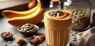 A pumpkin power protein smoothie in a glass, with a creamy texture and warm, earthy tones. The smoothie is surrounded by raw pumpkin seeds, a ripe banana, and a sprinkle of cinnamon. The setting is a modern kitchen with soft natural lighting.
