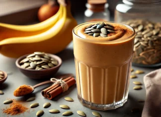 A pumpkin power protein smoothie in a glass, with a creamy texture and warm, earthy tones. The smoothie is surrounded by raw pumpkin seeds, a ripe banana, and a sprinkle of cinnamon. The setting is a modern kitchen with soft natural lighting.