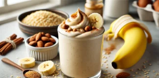 A quinoa power protein smoothie in a glass, featuring a creamy texture and a light beige color. The smoothie is surrounded by cooked quinoa, a banana, a spoonful of almond butter, and a sprinkle of cinnamon. The setting is a modern kitchen with soft natural lighting.
