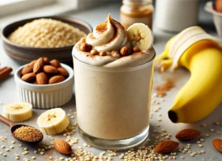 A quinoa power protein smoothie in a glass, featuring a creamy texture and a light beige color. The smoothie is surrounded by cooked quinoa, a banana, a spoonful of almond butter, and a sprinkle of cinnamon. The setting is a modern kitchen with soft natural lighting.