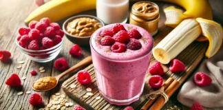 A vibrant pink smoothie in a glass with a creamy texture, garnished with fresh raspberries, surrounded by ingredients including raspberries, a ripe banana, almond butter, oat milk, chia seeds, and cinnamon on a rustic wooden surface. The bright and energizing background enhances its nutritious appeal.
