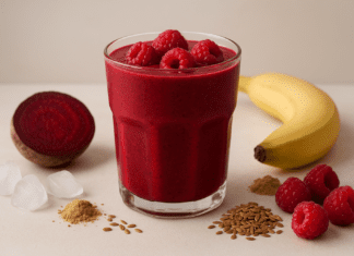 A vibrant red raspberry and beet smoothie in a clear glass, surrounded by fresh raspberries, banana, flaxseeds, ginger powder, ice cubes, and a halved beet on a soft, minimalist background, highlighting heart-healthy ingredients.