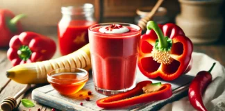 A vibrant post-workout smoothie in a glass, featuring a rich red blend of red bell pepper, banana, and Greek yogurt. The smoothie is placed on a rustic wooden surface, surrounded by fresh red bell pepper slices and a drizzle of honey, evoking a sense of recovery and nourishment.