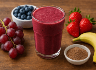A rich purple-red smoothie in a glass surrounded by fresh red grapes, blueberries, strawberries, banana, and a bowl of ground flaxseed on a wooden surface, highlighting a heart-protective antioxidant blend.