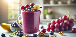 A rich purple smoothie in a tall glass, featuring a blend of red grapes, blueberries, banana, walnuts, and Greek yogurt. Garnished with red grapes and blueberries, set against a bright, fresh kitchen backdrop with soft natural light.