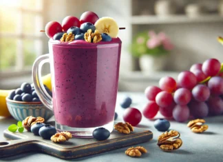 A rich purple smoothie in a tall glass, featuring a blend of red grapes, blueberries, banana, walnuts, and Greek yogurt. Garnished with red grapes and blueberries, set against a bright, fresh kitchen backdrop with soft natural light.