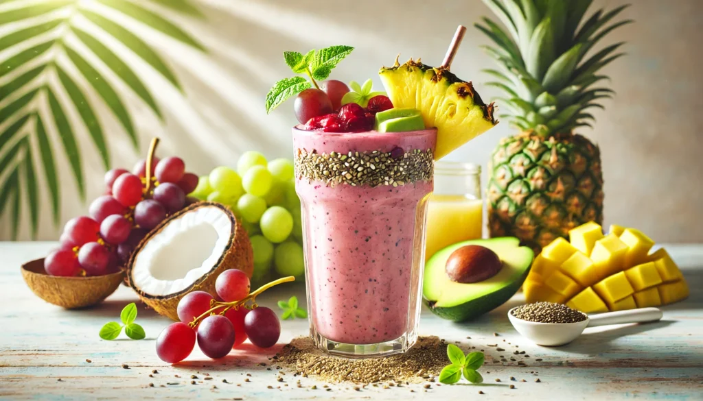 A tropical smoothie in a tall glass, featuring a blend of red grapes, coconut milk, pineapple, avocado, hemp seeds, and lemon juice. Garnished with red grapes and a pineapple slice, set in a bright, tropical-inspired setting with natural sunlight.