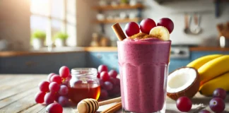 A creamy deep purple smoothie in a tall glass, topped with fresh red grapes and a sprinkle of cinnamon, set in a bright kitchen with natural lighting, creating a fresh and energizing atmosphere.