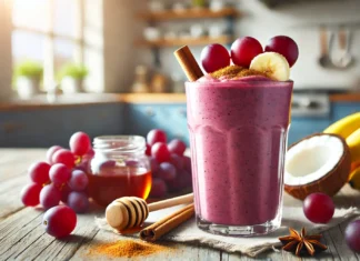 A creamy deep purple smoothie in a tall glass, topped with fresh red grapes and a sprinkle of cinnamon, set in a bright kitchen with natural lighting, creating a fresh and energizing atmosphere.