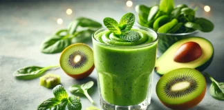 A vibrant green smoothie in a clear glass, made with peppermint, kiwi, and spinach. The smoothie has a smooth, refreshing texture and is surrounded by fresh kiwi slices, baby spinach leaves, avocado, and a sprig of peppermint in a bright and calming nighttime setting.