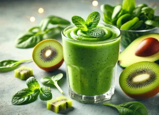 A vibrant green smoothie in a clear glass, made with peppermint, kiwi, and spinach. The smoothie has a smooth, refreshing texture and is surrounded by fresh kiwi slices, baby spinach leaves, avocado, and a sprig of peppermint in a bright and calming nighttime setting.