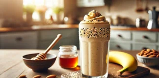 A creamy, nutty smoothie in a tall glass, featuring a blend of sesame seeds, almond butter, banana, Greek yogurt, and almond milk. Garnished with sesame seeds and a drizzle of honey, set in a warm, inviting kitchen setting.