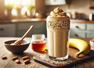 A creamy, nutty smoothie in a tall glass, featuring a blend of sesame seeds, almond butter, banana, Greek yogurt, and almond milk. Garnished with sesame seeds and a drizzle of honey, set in a warm, inviting kitchen setting.