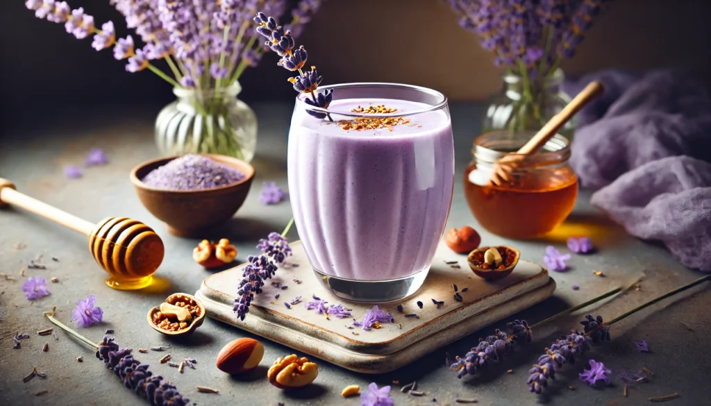 A soothing lavender-Brazil nut smoothie in an elegant glass, surrounded by dried lavender flowers, Brazil nuts, and a drizzle of honey. The smoothie has a light purple hue and a creamy consistency, presented in a serene nighttime setting.