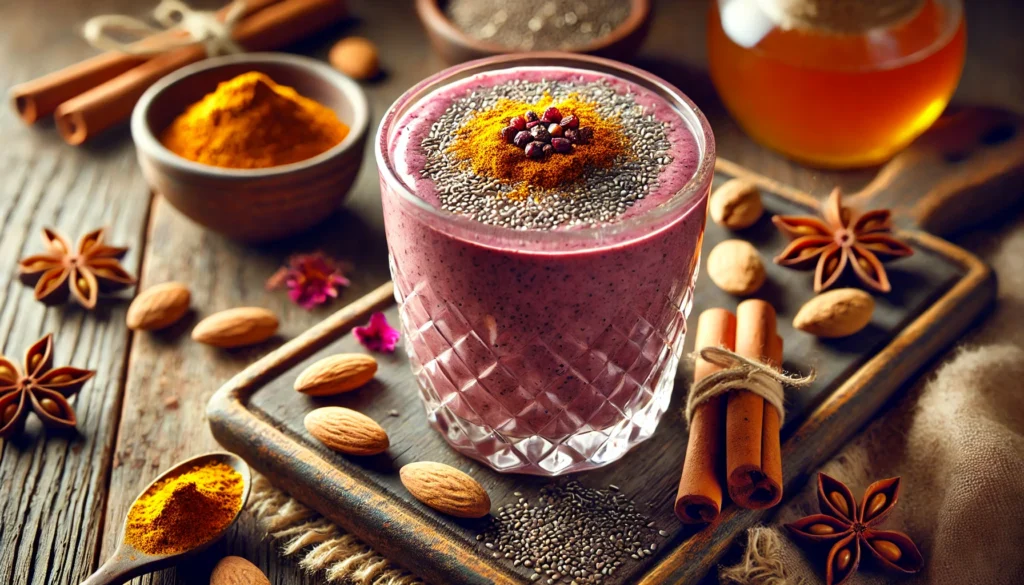 A rich and creamy spiced acai chia smoothie in a glass, topped with a sprinkle of cinnamon and turmeric. The smoothie has a velvety deep purple texture, placed on a rustic wooden table surrounded by chia seeds, almonds, and a drizzle of maple syrup.