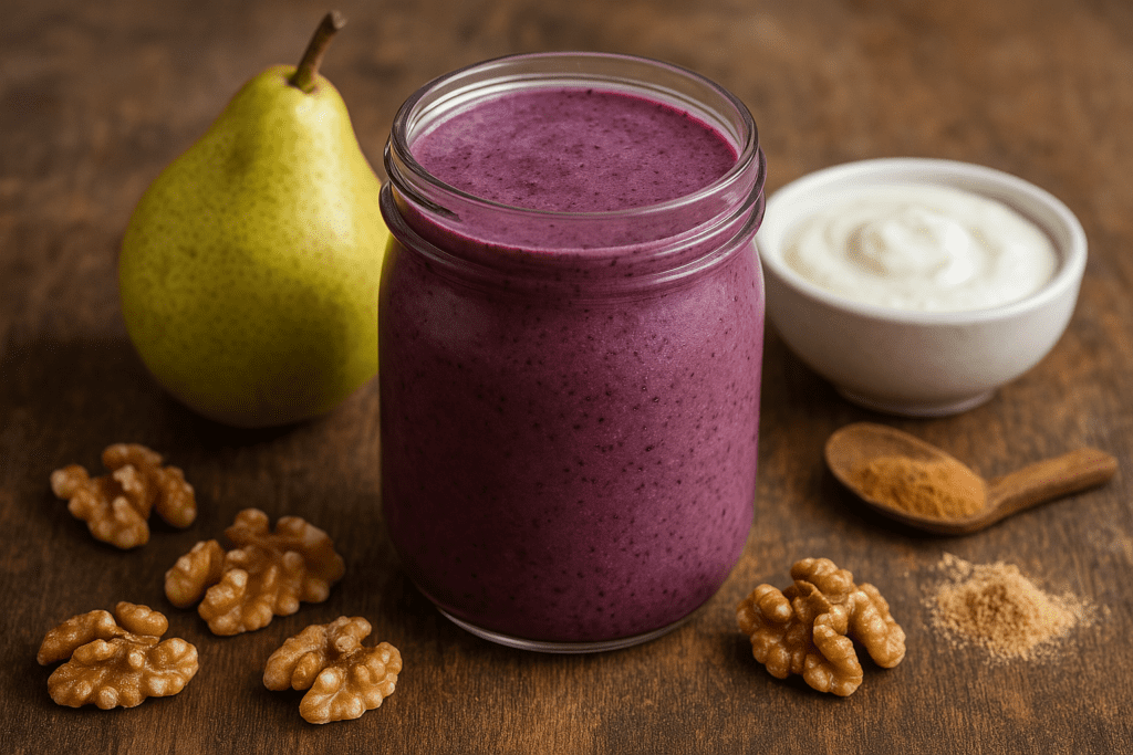 A purple smoothie in a glass jar surrounded by pear, Greek yogurt, walnuts, cinnamon, and nutmeg on a wooden surface, showcasing a heart-soothing blend with antioxidants and warming spices.