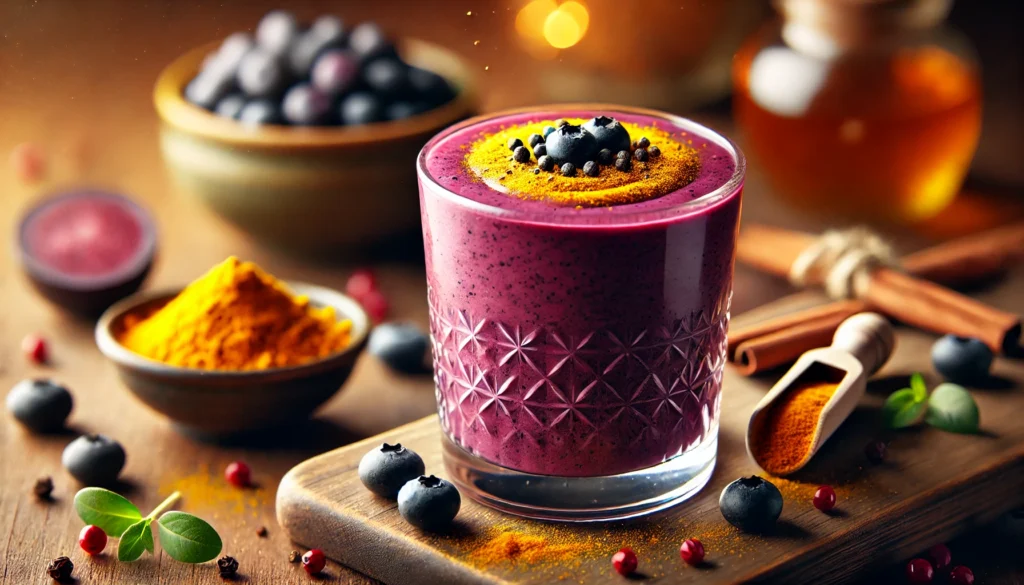 A rich spiced acai & turmeric focus smoothie in a clear glass, placed on a wooden table. The smoothie has a deep purple color with a slight golden swirl from turmeric, topped with a light sprinkle of black pepper and a drizzle of maple syrup. Surrounding the glass are fresh acai berries, a small bowl of turmeric powder, and a few black peppercorns. The background is softly blurred with warm, inviting lighting.