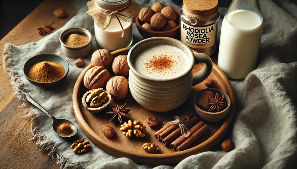 A creamy adaptogenic smoothie in a ceramic mug, styled with walnuts, cinnamon sticks, nutmeg, coconut milk, and Rhodiola Rosea powder, in a cozy, softly lit setting ideal for stress relief.