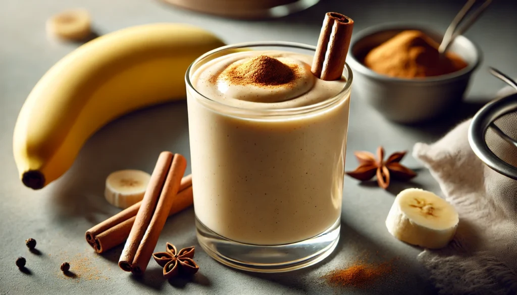 A creamy banana smoothie infused with cinnamon, nutmeg, and vanilla, served in a clear glass with a sprinkle of cinnamon on top, alongside cinnamon sticks and a ripe banana, set against a softly lit kitchen background emphasizing the warm and spiced ingredients.