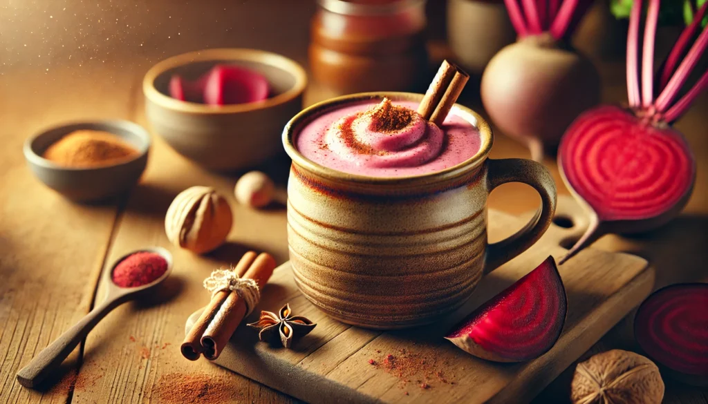A spiced beet chai smoothie in a rustic ceramic mug, placed on a wooden table. The smoothie has a warm, creamy pinkish-red color with a sprinkle of cinnamon and a few beetroot shavings on top. A cinnamon stick, whole nutmeg, and a small bowl of chopped beetroot are arranged around the mug. Soft, warm lighting enhances the cozy feel, with a blurred background hinting at a homey kitchen setting.