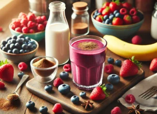 A rich berry smoothie in a clear glass, surrounded by fresh blueberries, raspberries, strawberries, banana, almond milk, and a small bowl of ground cloves, evoking a vibrant, antioxidant-rich brain-boosting drink.