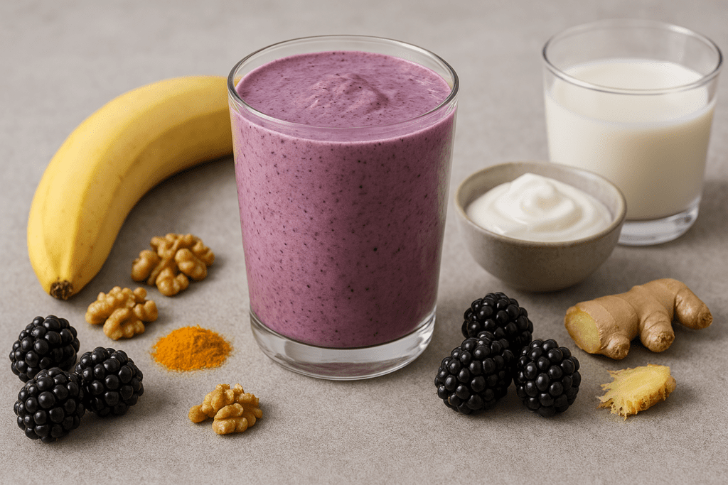 A creamy purple blackberry and ginger smoothie in a glass, surrounded by fresh blackberries, banana, walnuts, yogurt, almond milk, turmeric, and ginger on a light gray surface.