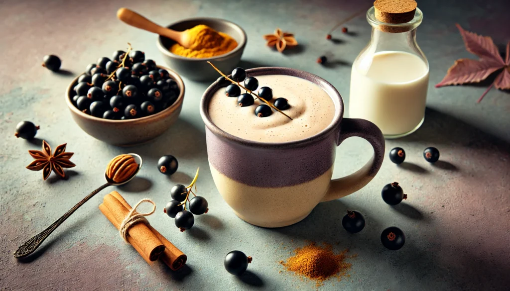 A cozy smoothie in a ceramic mug with a purple-beige hue, styled with blackcurrants, cinnamon, nutmeg, vanilla extract, and almond milk in a warm and calming setting.