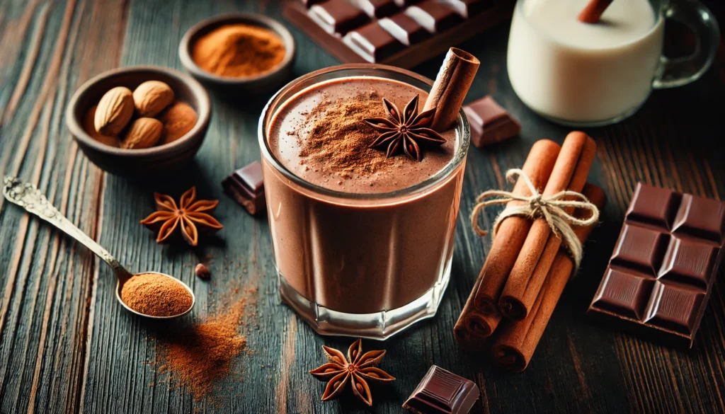 A spiced dark chocolate smoothie in a clear glass with a rich brown color, placed on a dark wooden surface. The smoothie is garnished with a dusting of cinnamon and a star anise. Surrounding the glass are cinnamon sticks, nutmeg, dark chocolate pieces, and a small dish of almond milk, creating a warm and comforting presentation.