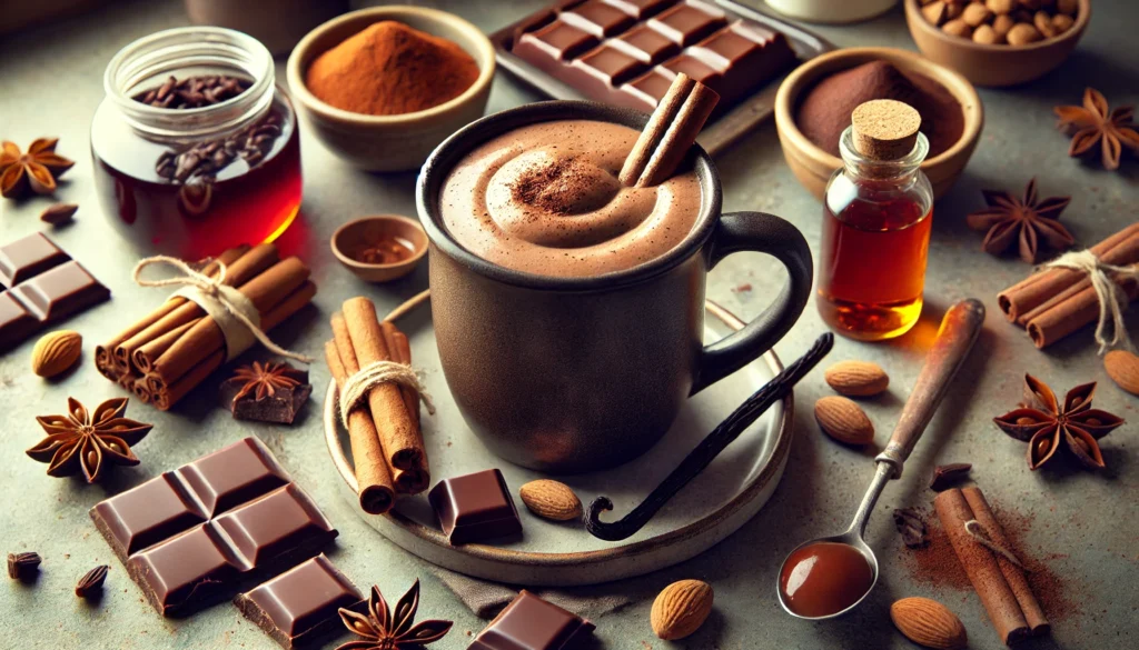 A warm dark chocolate smoothie in a mug, surrounded by cinnamon, nutmeg, vanilla bean, maple syrup, and dark chocolate pieces on a cozy kitchen counter.