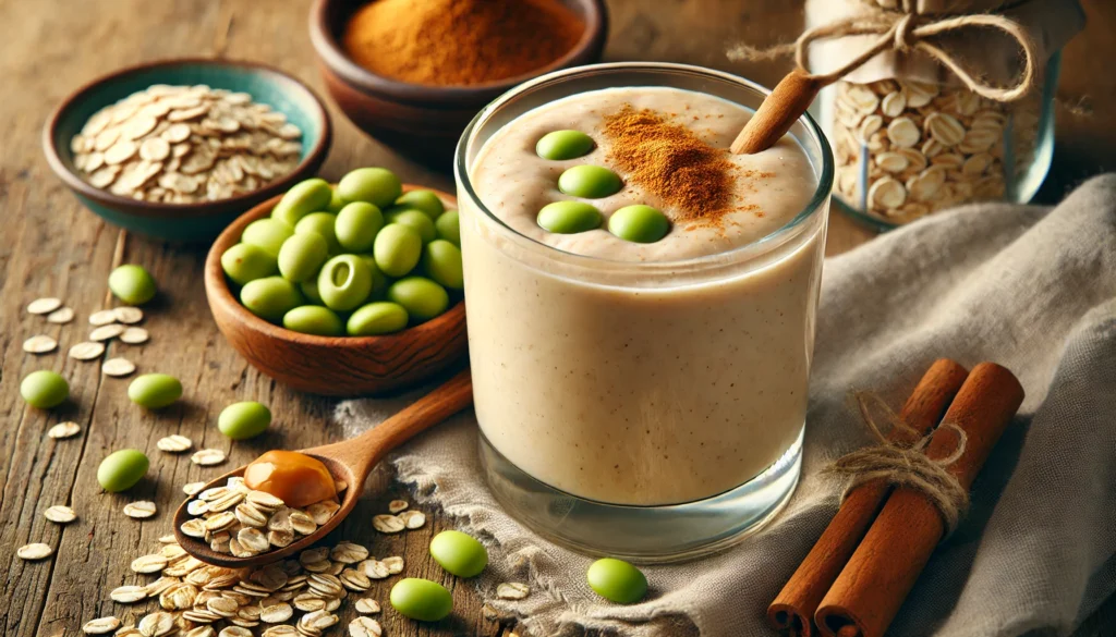 A creamy oatmeal smoothie in a clear glass, made with edamame, cooked oats, cinnamon, nutmeg, oat milk, and peanut butter, set on a rustic wooden surface with fresh ingredients nearby.
