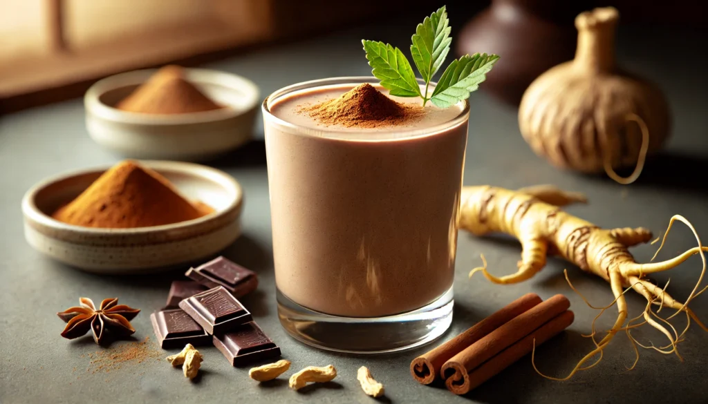 A rich chocolate-brown smoothie made with ginseng, cacao, cinnamon, and nutmeg, served in a clear glass with a dusting of cinnamon on top, alongside cacao nibs, cinnamon sticks, and a ginseng root, set against a softly lit kitchen background emphasizing the warm and spiced ingredients.