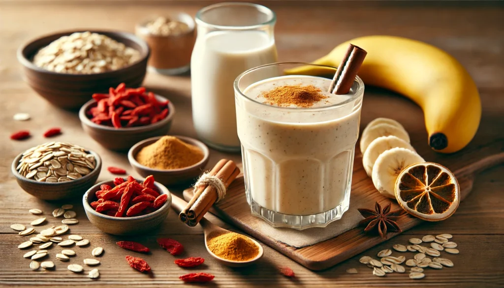 A warm, creamy beige spiced smoothie in a glass, surrounded by dried goji berries, banana slices, a small bowl of cinnamon and nutmeg, and a glass of oat milk on a wooden table. Natural lighting enhances the cozy and nourishing ingredients.