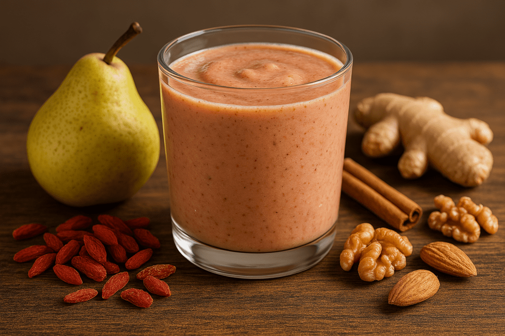 A creamy smoothie in a glass surrounded by goji berries, pear, cinnamon, ginger, and walnuts on a rustic wooden surface, showcasing a heart-calming and circulation-enhancing blend.
