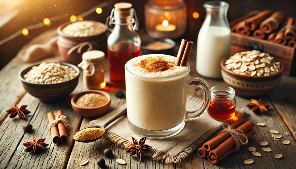 A creamy spiced smoothie topped with cinnamon and nutmeg, surrounded by vanilla bean, licorice root powder, oat milk, maple syrup, and warm spices on a wooden table in a cozy setting.