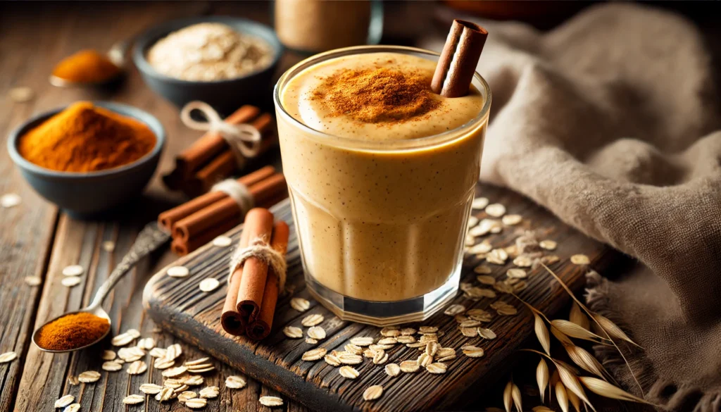 A rich and creamy spiced oat smoothie in a glass, topped with a sprinkle of cinnamon and oats. The cozy setting includes a rustic wooden surface with cinnamon sticks and scattered oats, creating a comforting and nourishing atmosphere.