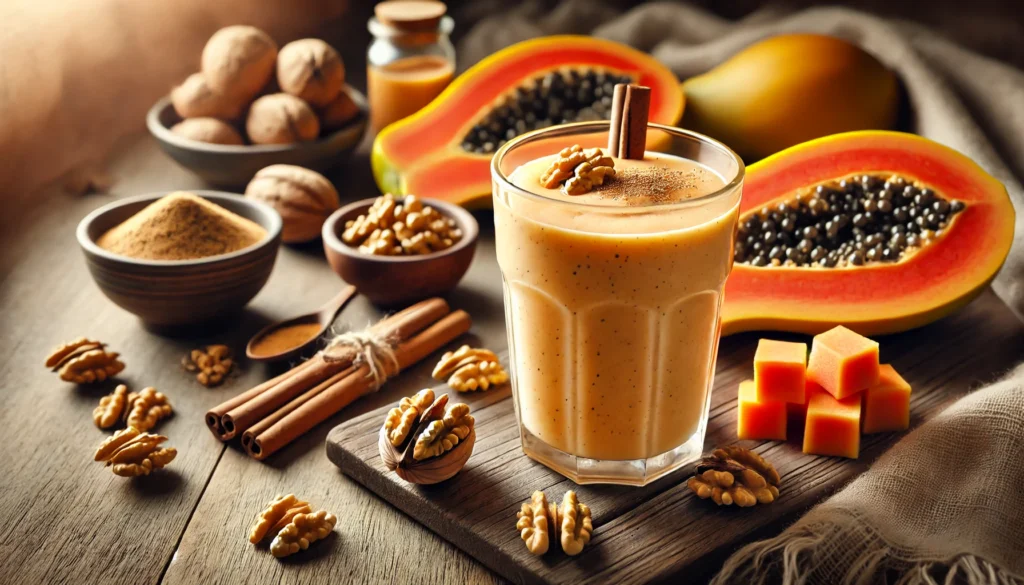 A creamy, golden-orange smoothie in a glass, featuring papaya blended with walnuts, cinnamon, and nutmeg. The smoothie is placed on a wooden table with scattered walnut pieces, cinnamon sticks, and a small bowl of nutmeg powder, with a cozy, softly lit indoor background evoking warmth and comfort.