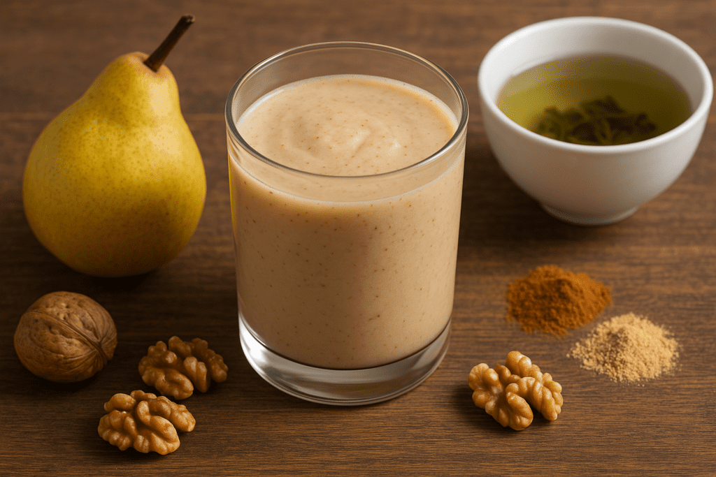A creamy smoothie in a clear glass surrounded by a ripe pear, green tea, cinnamon, ground ginger, and walnuts on a wooden surface, highlighting an anti-inflammatory blend for heart and blood vessel support.