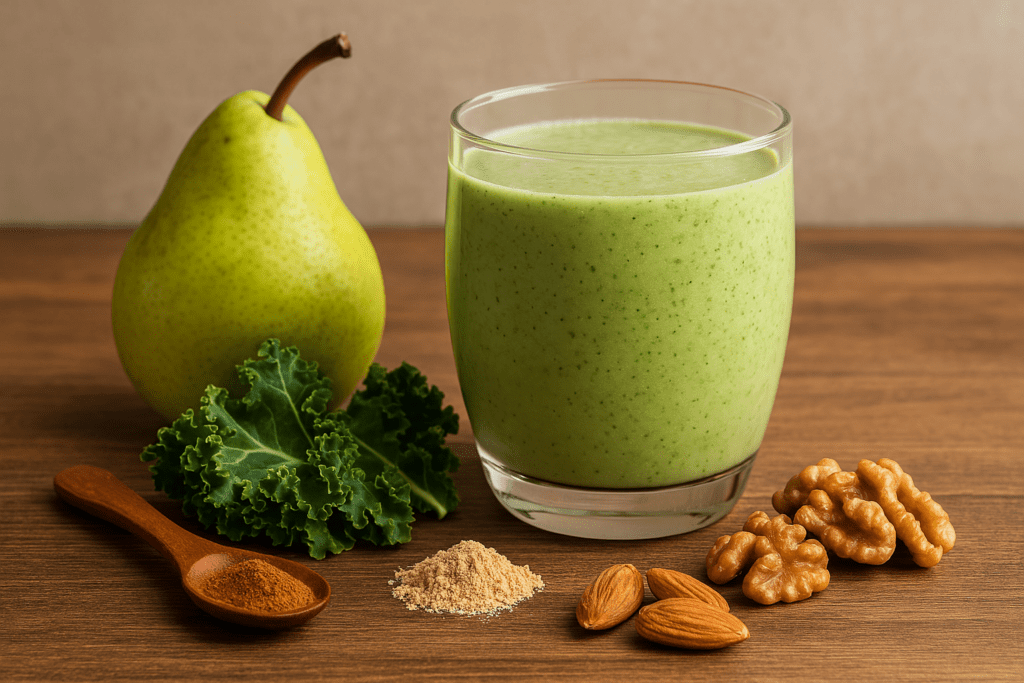 A green smoothie in a glass surrounded by kale leaves, a ripe pear, walnuts, ground ginger, cinnamon, and almonds on a wooden surface, highlighting a heart-supportive and digestion-friendly blend.
