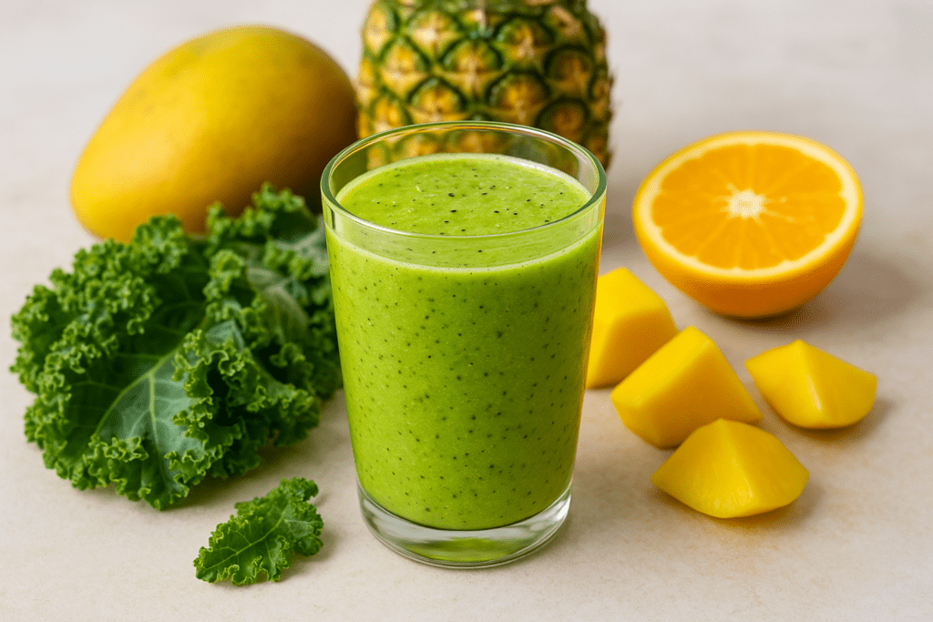 A green smoothie made with kale, pear, Greek yogurt, walnuts, cinnamon, and ginger, displayed with fresh ingredients on a neutral surface for a wholesome, heart-healthy look.