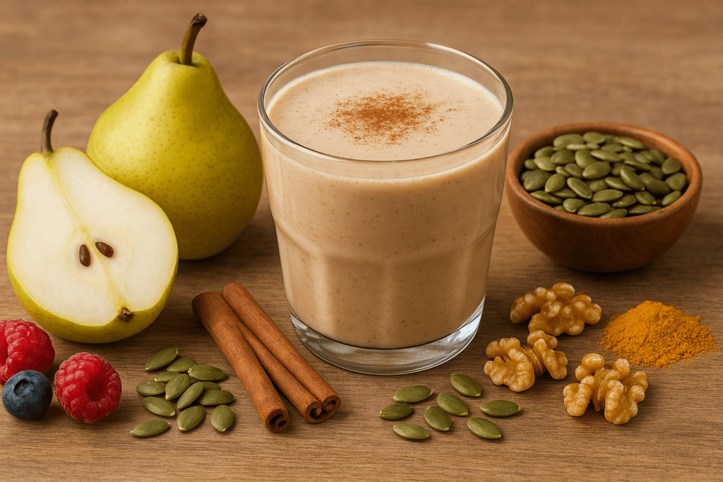 A creamy smoothie in a clear glass surrounded by fresh pears, pumpkin seeds, cinnamon sticks, turmeric, and walnuts on a wooden surface, highlighting a heart-healthy drink for reducing LDL cholesterol and inflammation.