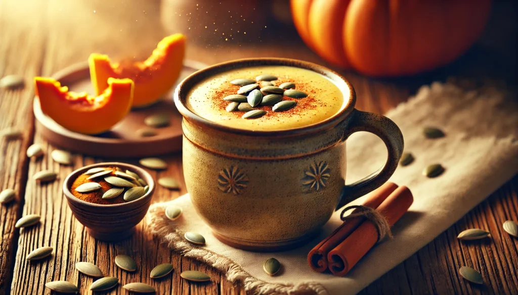 A warm, spiced pumpkin seed latte smoothie in a cozy ceramic mug on a wooden table. The creamy golden-brown smoothie is garnished with a sprinkle of cinnamon and pumpkin seeds. A cinnamon stick, nutmeg, and extra pumpkin seeds are placed beside the mug, creating a warm and inviting autumnal atmosphere.