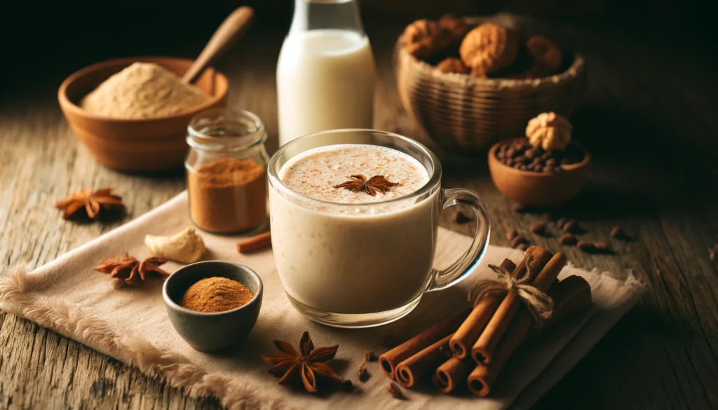 A creamy spiced smoothie in a clear mug, topped with cinnamon and nutmeg, surrounded by reishi powder, almond milk, maple syrup, and whole spices in a cozy setting.