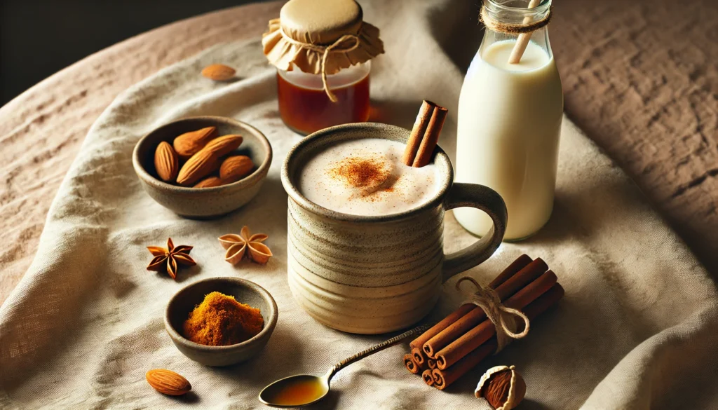 A warm, creamy smoothie in a cozy ceramic mug, styled with cinnamon sticks, nutmeg, maple syrup, almond milk, and dried dulse seaweed for a comforting, brain-nourishing treat.